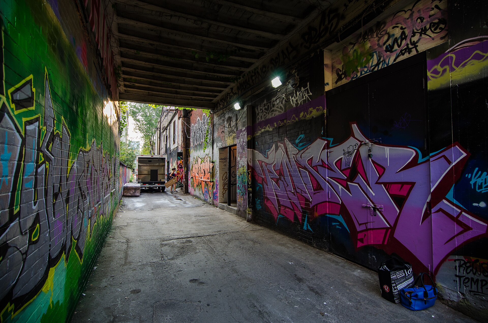 Violet and magenta graffiti lettering in McDougall Lane, Toronto